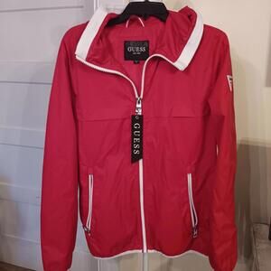 Guess Red Long Sleeve Hooded Full Zip Windbreaker Jacket Size S EUC